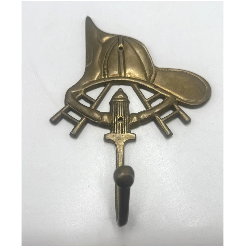Vintage Solid Brass Firefighter Wall Hook Fire Helmet Hydrant Ladder Decor